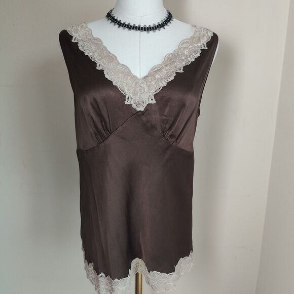 Nordstrom Intimates Womens Y2k 90s Brown Silk Lace-Trimmed Camisole size L - Picture 1 of 8